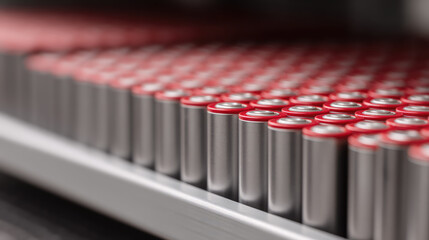 Silver cylindrical batteries with red tops are lined up in rows on a shelf. Concept: energy storage, technology