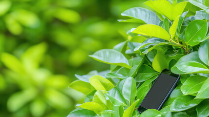 A smartphone is nestled among vibrant green leaves. The concept is nature and technology integration