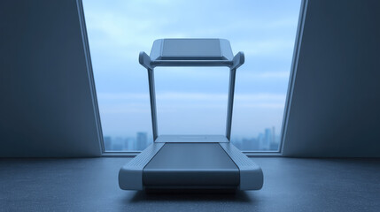 Treadmill placed in front of large windows with a city view in the background. Fitness equipment, modern interior, urban lifestyle