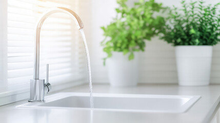 Water flows from a sleek kitchen faucet into a white sink with potted green plants in the background. Clean and minimal kitchen space