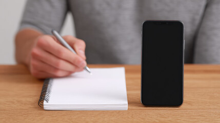 A person writes in a notebook with a smartphone placed on a wooden table. Productivity and technology