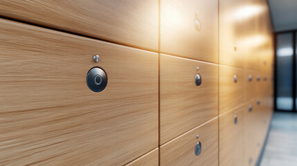 Wooden lockers are lined along a hallway, their locks illuminated by soft light. Storage, organization, interior, simplicity