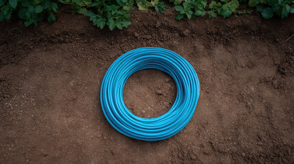 A blue coil of irrigation hose is placed on the brown soil near some green plants, ready for use. Gardening equipment and preparation