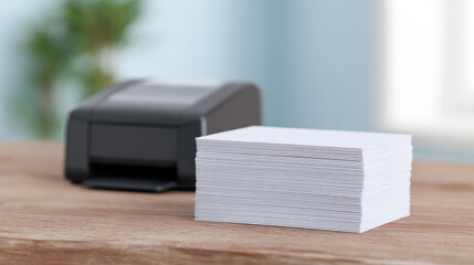 A stack of blank paper is on a wooden desk with a blurry black printer in the background. Office supplies, printing, and workspace concept
