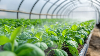 Rows of green plants grow inside a greenhouse, with mist lightly spraying them. Concept: agriculture, cultivation, greenhouse farming, plant growth