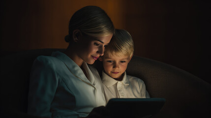Woman and child are sitting on a couch, looking at a tablet together in the dark. Family bonding, technology, nighttime
