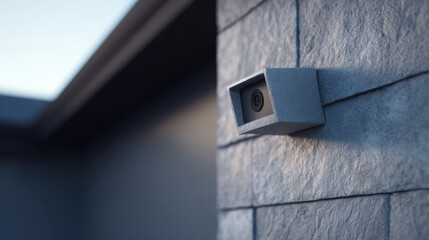 Security camera mounted on a stone wall, angled to the left. Home surveillance technology concept
