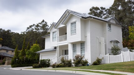 Fototapeta premium A charming suburban house with a clean white facade and sunny front yard, representing peaceful suburban living.