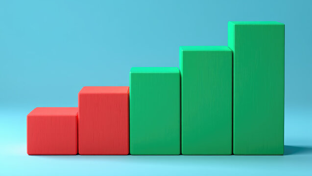 Rising Bar Graph A Colorful Representation of Increasing Values with Red and Green Blocks on Blue, Indicating Positive Growth, Success, and Upward Progression in Business