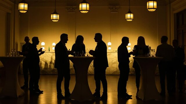 Silhouetted figures socializing at a stylish event venue