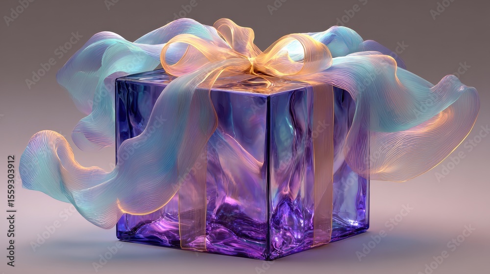 Poster Colorful shimmering fabric wraps a translucent gift box against a moody dark background in a studio setting during daytime