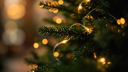 Christmas Tree with String Lights. A close-up view of a Christmas tree branch decorated with small, warm, yellow string lights. The needles are green, and some of the lights are slightly out of focus,