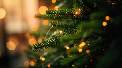 Christmas Tree with String Lights. A close-up view of a Christmas tree branch decorated with small, warm, yellow string lights. The needles are green, and some of the lights are slightly out of focus,