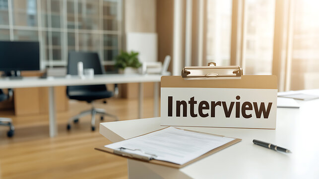 Interview preparation: paperwork, clipboard, and pen ready in an office setting for a smooth candidate evaluation process.