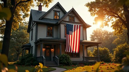 Large American flag hangs on beautiful house at sunset.  Patriotic home decor in autumn colors. This stunning image of American home is perfect for Independence Day cards and social media posts. - Powered by Adobe