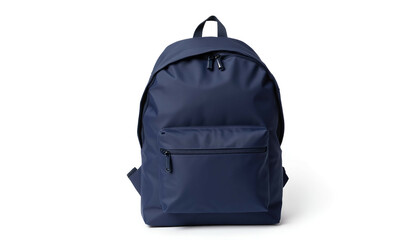Naklejka premium Navy blue backpack with front pocket and adjustable straps on white background 