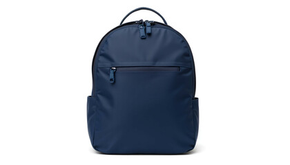 Naklejka premium Navy blue backpack with front zip pocket and minimalist design on white background 