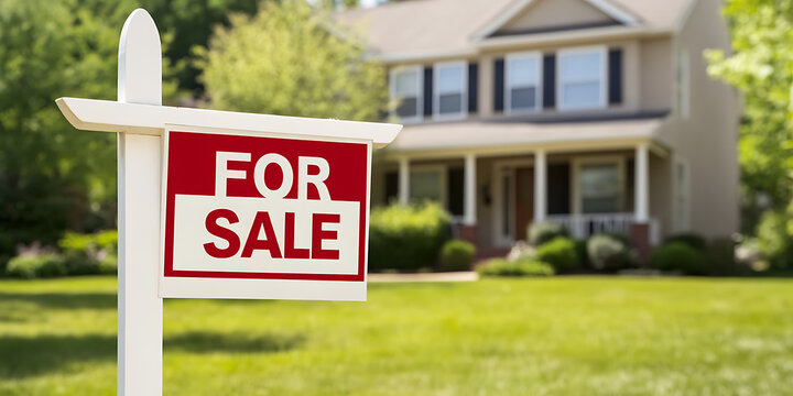 A residential property displaying a 'For Sale' sign on the front lawn, signaling its availability in the real estate market. - Powered by Adobe