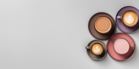 Three elegant coffee cups in assorted colors with latte art on a smooth surface, showcasing a cozy atmosphere and inviting ambiance for coffee lovers and enthusiasts
