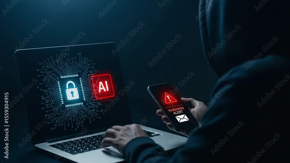 Poster Hacker using laptop with ai security and phishing alert on phone in dark setting at night time
