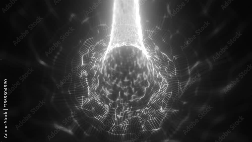 Poster abstract glowing tunnel structure with dynamic grid lines and bright light at the core, evoking ener