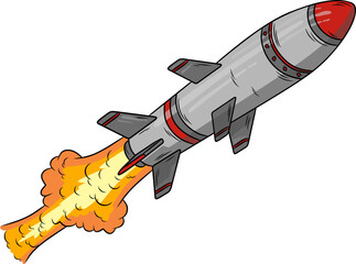 A detailed illustration of a grey and red missile launching with a powerful orange and yellow exhaust flame
