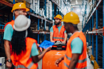 Warehouse workers managing inventory and driving forklift in logistics center