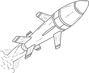 A black and white outline drawing of a ballistic missile launching with smoke and fire from its engine