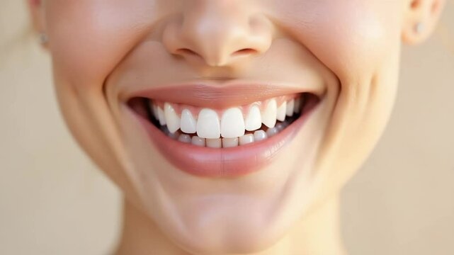 Closeup image of perfect smile, showing healthy white teeth and pink lips. Woman's radiant smile is perfect for dental care advertisements.