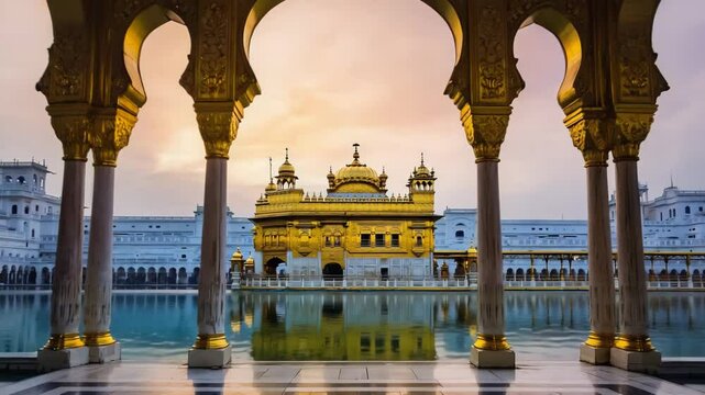The Golden Temple, Harmandir Sahib, Reflected in the Sacred Pool at Sunrise, Framed by Ornate Archways