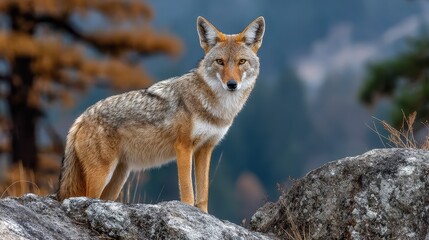 Coyote standing on rocks looking at camera in Yosemite National Park during the day