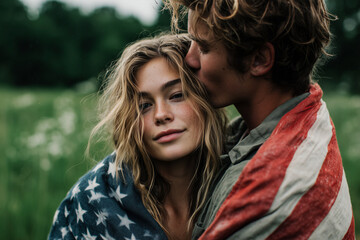 Couple embraced, wrapped in US flag. A loving portrait of national pride. Patriotism, symbolic embrace, summertime. Independence Day. Fourth of July.