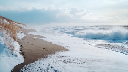 Snowy winter beach scene with powerful waves.