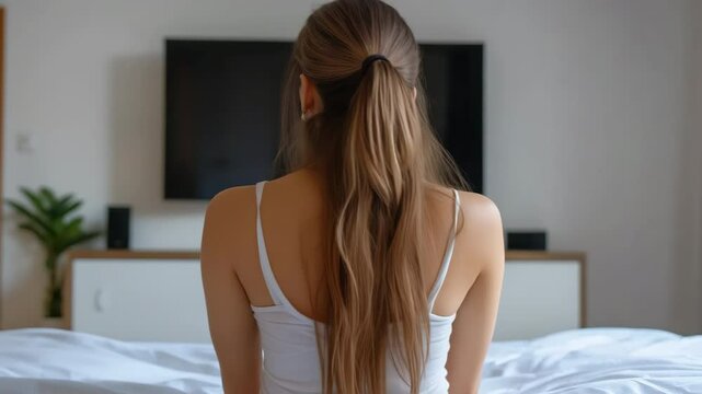 A woman with long brown hair is sitting on a bed in front of a television. The television is turned off, and the woman is waiting for something to happen. Scene is calm and relaxed
