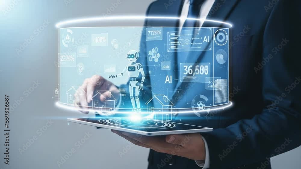 Aufkleber Man in suit holding tablet showcasing ai robot and house icons with data visualizations overlaying it all