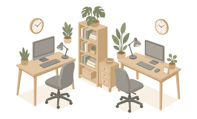Fototapeta premium Isometric illustration of home office workspace with two desks, computers, chairs, desk lamps, bookshelves, drawers, clocks, and indoor plants. Flat vector drawing isolated on white background. Home w