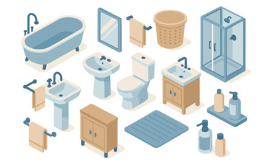 Isometric illustration of bathroom furniture and accessories including bathtub, shower cabin, toilet, sink, bidet, cabinet, mirror, towel rack, laundry basket, trash bin, mat, soap dispenser, and bott