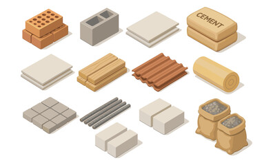 Set of isometric construction materials including bricks, concrete blocks, cement bags, wooden planks, tiles, insulation roll, rebar rods, roof sheets, gravel sacks, and gypsum boards. Building supply
