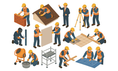 Set of isometric construction workers performing tasks such as bricklaying, roofing, welding, tiling, plasterboard installation, scaffolding setup, surveying, planning, and supervising. People in safe
