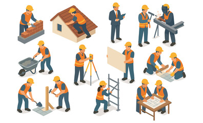 Set of isometric construction workers performing tasks such as bricklaying, roofing, welding, tiling, plasterboard installation, scaffolding setup, surveying, planning, and supervising. People in safe