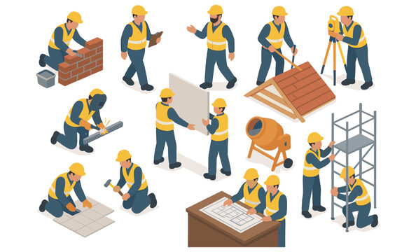 Set of isometric construction workers performing tasks such as bricklaying, roofing, welding, tiling, plasterboard installation, scaffolding setup, surveying, planning, and supervising. People in safe