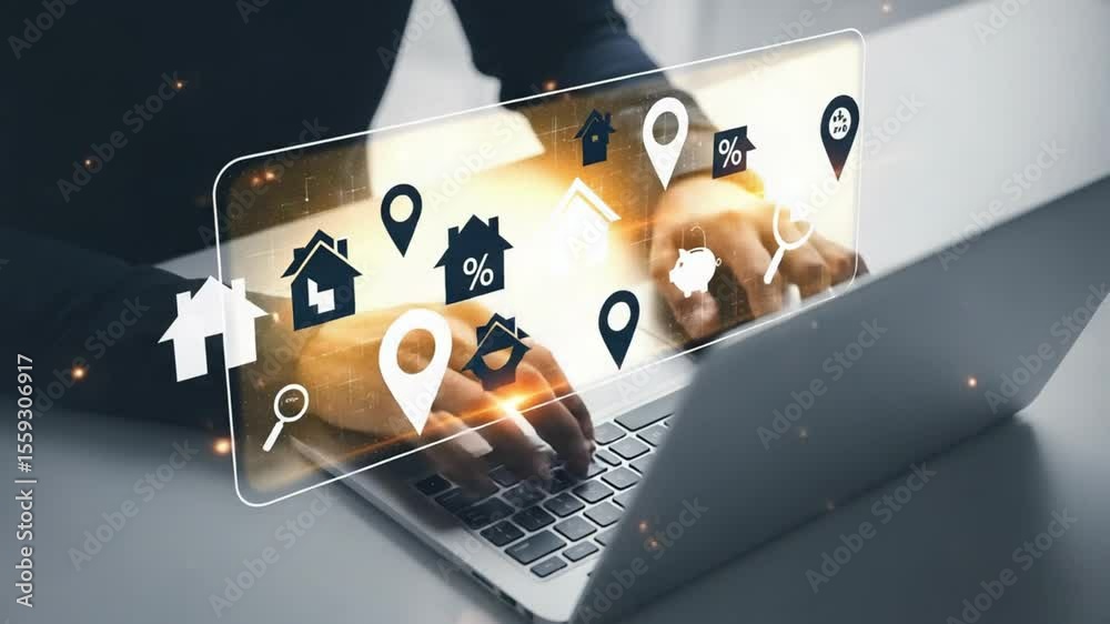 Aufkleber person using laptop with transparent screen displaying real estate related icons overlayed on keyboa