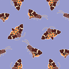 Cartoon seamless pattern with flying wild moth. Colorful insect with floral ornament. Orange, brown, blue colors on lilac background. Vector design for printing on fabric and paper, textile, wallpaper