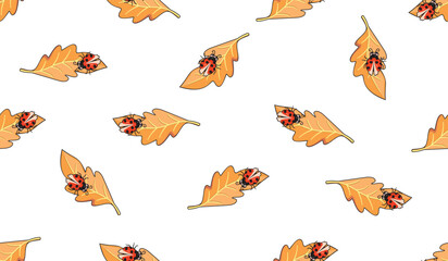 Autumn seamless pattern with cartoon ladybug. Cute insect sits on a falling leaf. Yellow, orange, red, pink colors on white background. Vector design for textile, wallpaper, cover, wrapping paper.