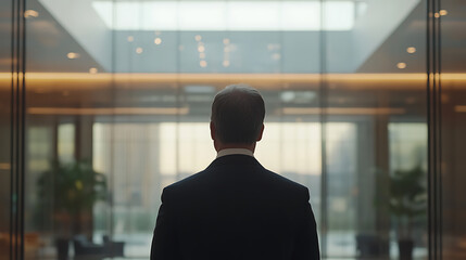 Fototapeta premium A professional stands confidently in a modern office lobby, back to the viewer, gazing at the bright interior. Ambition and success in corporate settings.