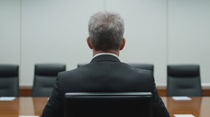 Boardroom Back View: A man in a suit sits at a long table in a conference room, viewed from behind. Empty chairs line the table, awaiting a meeting.