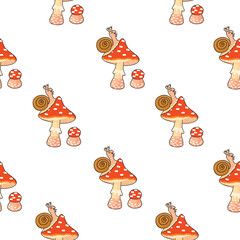 Cartoon seamless pattern with cute snail and fly agaric mushrooms. Red, pink and brown colors on white background. Colorful print on fabric and paper. Vector design for textile, wallpaper, cover.