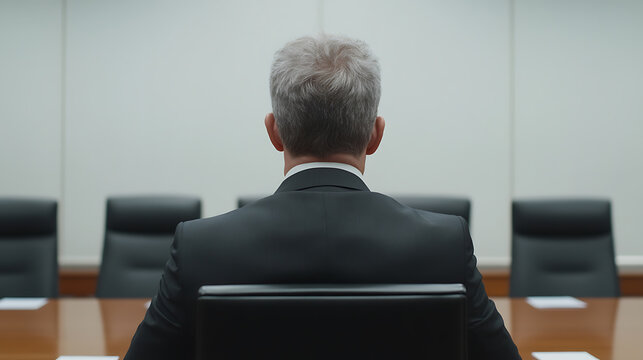 Boardroom Back View: A man in a suit sits at a long table in a conference room, viewed from behind. Empty chairs line the table, awaiting a meeting.