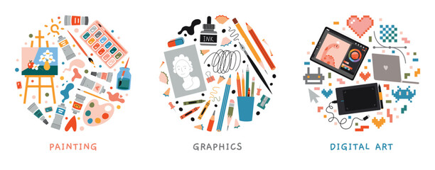 Creative Round compositions set of art supplies and tools for painting, drawing and digital illustration. Stationery for artists and designers. Trendy modern vector illustration, hand drawn, flat