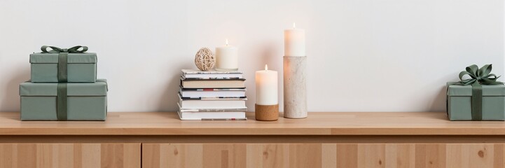 Black Friday. Long banner. Modern wooden shelf with decorative candles and gift boxes  